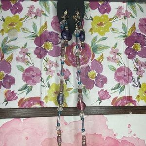 Pink, purple, blue, silver and gold textured beaded necklace with earrings
